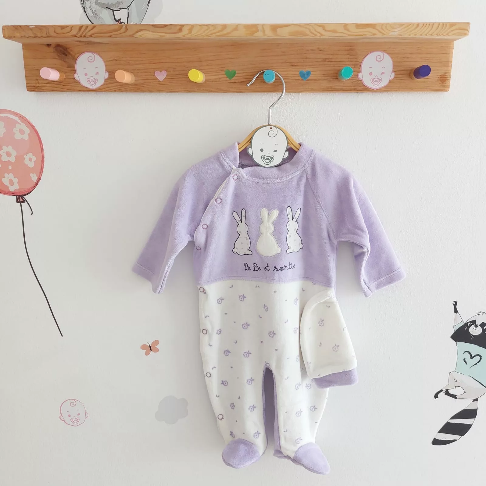 Pyjama bébé fille en velours avec motif lapin gris clair