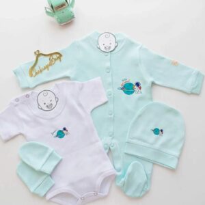 Ensemble grenouillère bébé est body avec bonnet et moufles motif Space