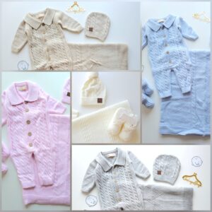 Coffret Cadeau de Naissance 4 Pièces en Tricot  - Collection Premier Jour de Bébé -