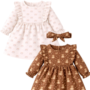 Robe bébé marron avec imprimé oursons et rose avec imprimé chat