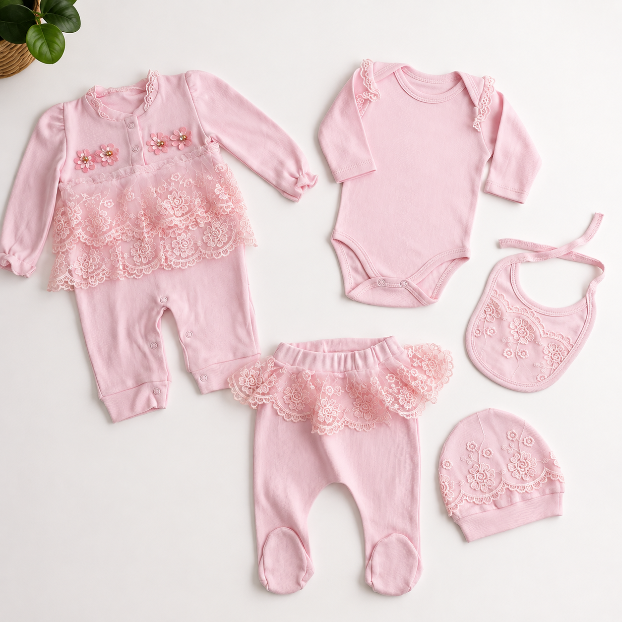 Ensemble Bébé Fille 5 Pièces en Coton avec Dentelle 0.3Mois - CHAHRAZAD BABY - Image 2