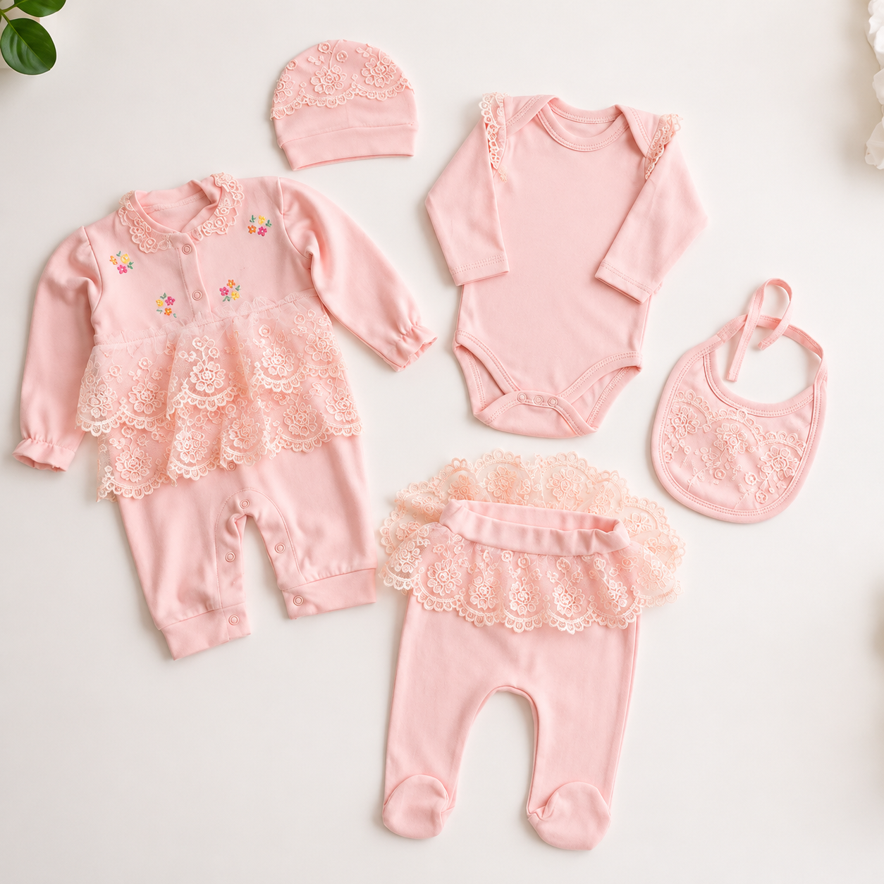 Ensemble Bébé Fille 5 Pièces en Coton avec Dentelle 0.3Mois - CHAHRAZAD BABY - Image 3