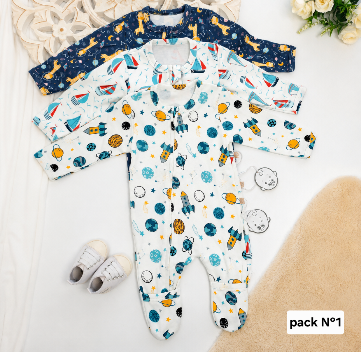 Grenouillères Bébé 100% Coton Oeko-Tex – Double Zip | Lot de 3